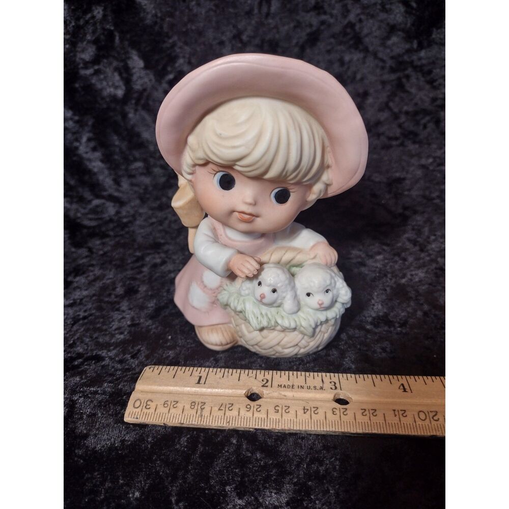 Vintage Homco Porcelain Girl with Basket of Puppies Kitsch Home Decor Figurine